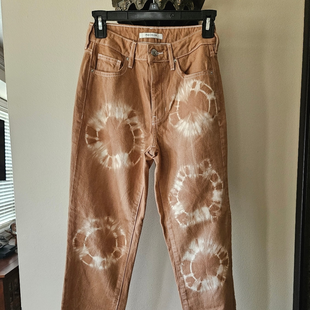 PacSun Mom Jeans Size 23 Brown Tie Dye High Rise Straight Frayed Hem Pants